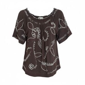 Essentials NWOT Embroidered Short Sleeve Boho Peasant Blouse Brown White Size 1X